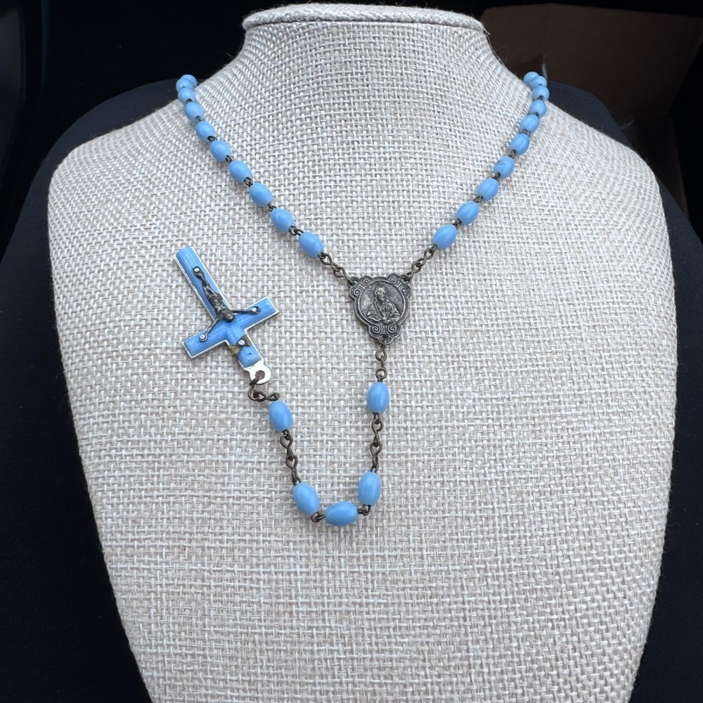 Blue Beaded rosary Necklace with Cross Pendant